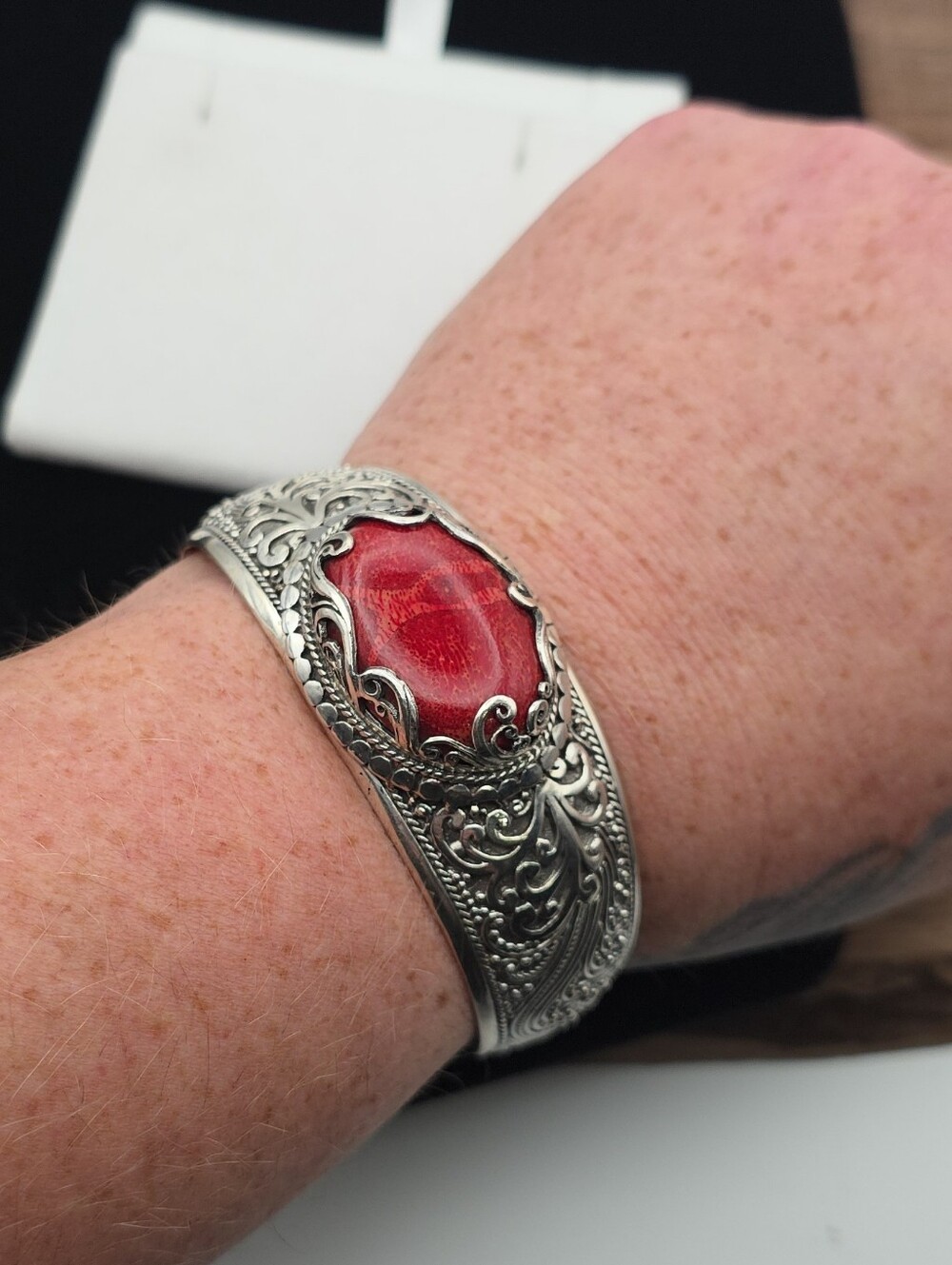 Sarda 925 Sterling Silver Red Sponge Coral Bali Cuff Bracelet Bold Statement - Picture 6 of 13